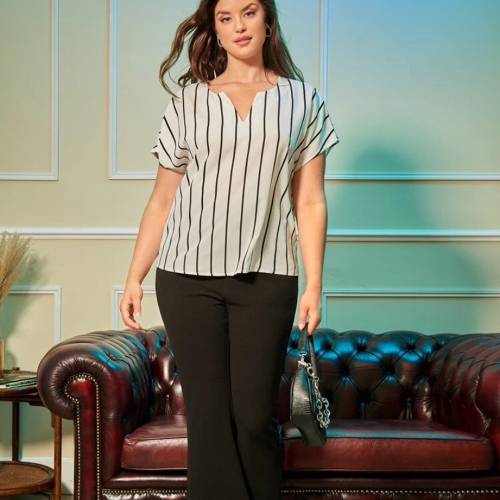 Shein Plus Striped Notched Neck Blouse